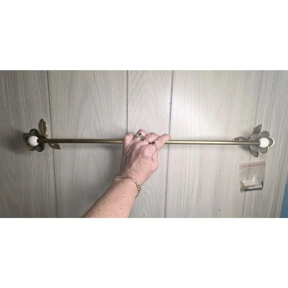 Anthropologie Nena Brass Towel Bar & 2 Gold Bath Hooks Flower Ends With Pearls